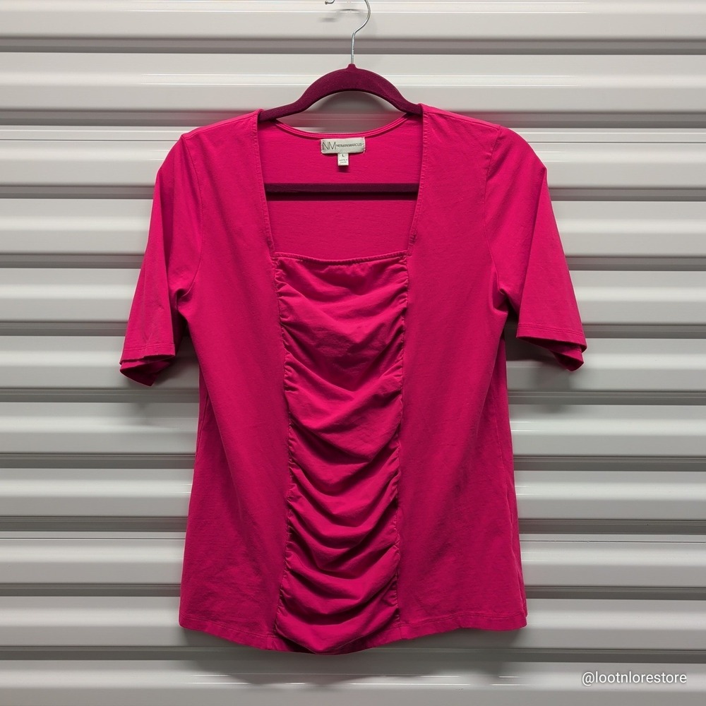 Neiman Marcus Size L Womens Pink Ruched Square Neck Cotton Stretch Knit Top